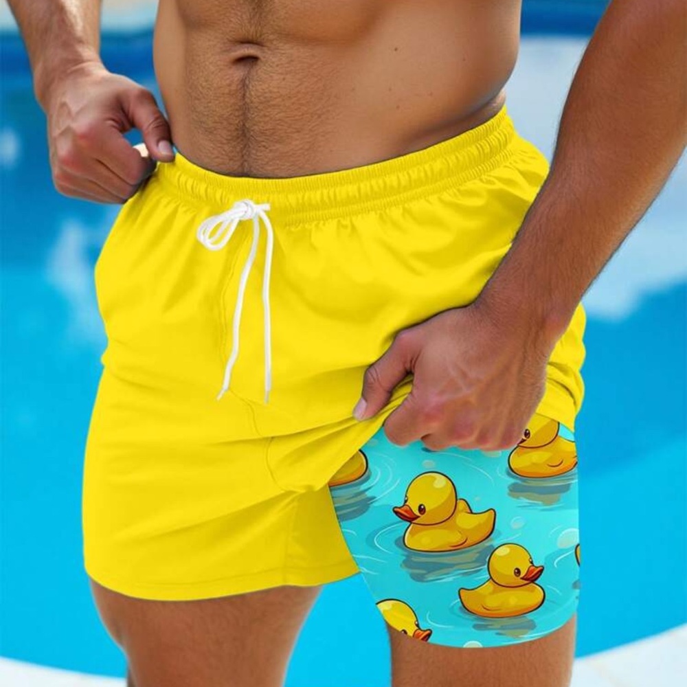 Manfinity RSRT Men's Funny Duck Print Colorblock Lined Milk Silk Beach Shorts